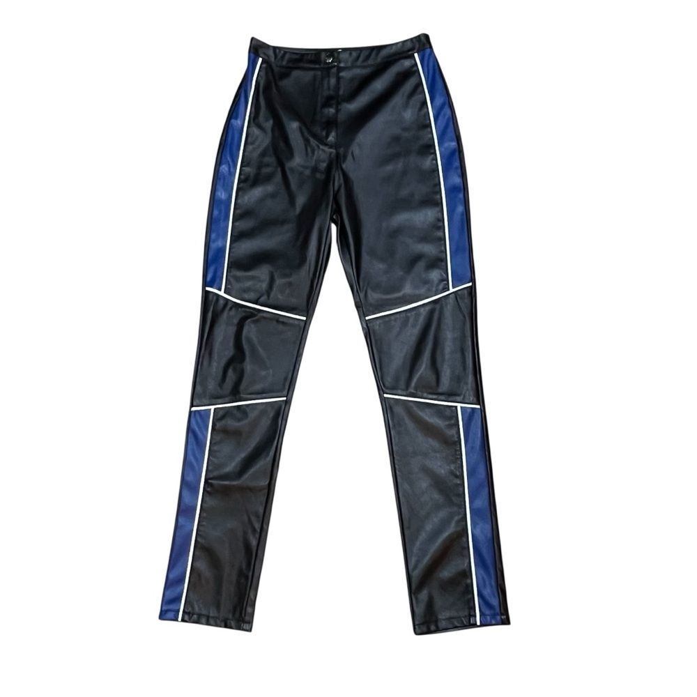Missguided Black Blue Faux Leather Pants Color Block Goth Moto Edgy Leggings - Picture 14 of 14